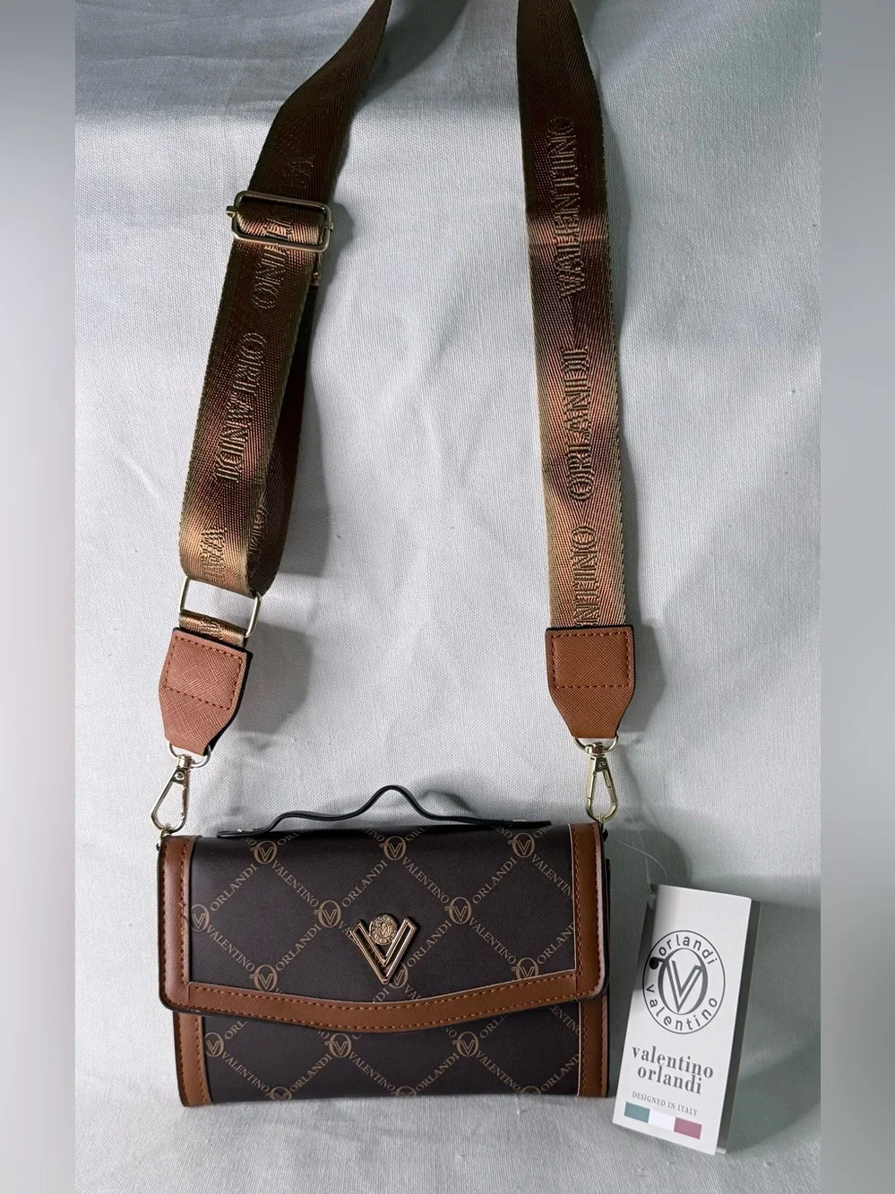 Valentino Orlandi Brown and Tan Logo Crossbody with Branded Strap
